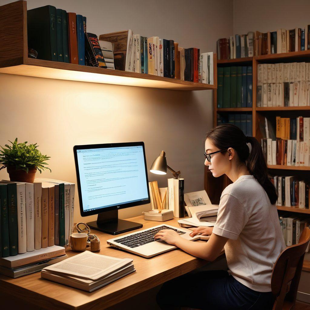 A cozy study room filled with neatly organized used textbooks on a wooden shelf, a laptop open on a desk displaying various online selling platforms, a person reviewing a textbook with a thoughtful expression, and dollar bills subtly placed next to the laptop indicating profit. warm lighting, inviting atmosphere. super-realistic. soft colors.
