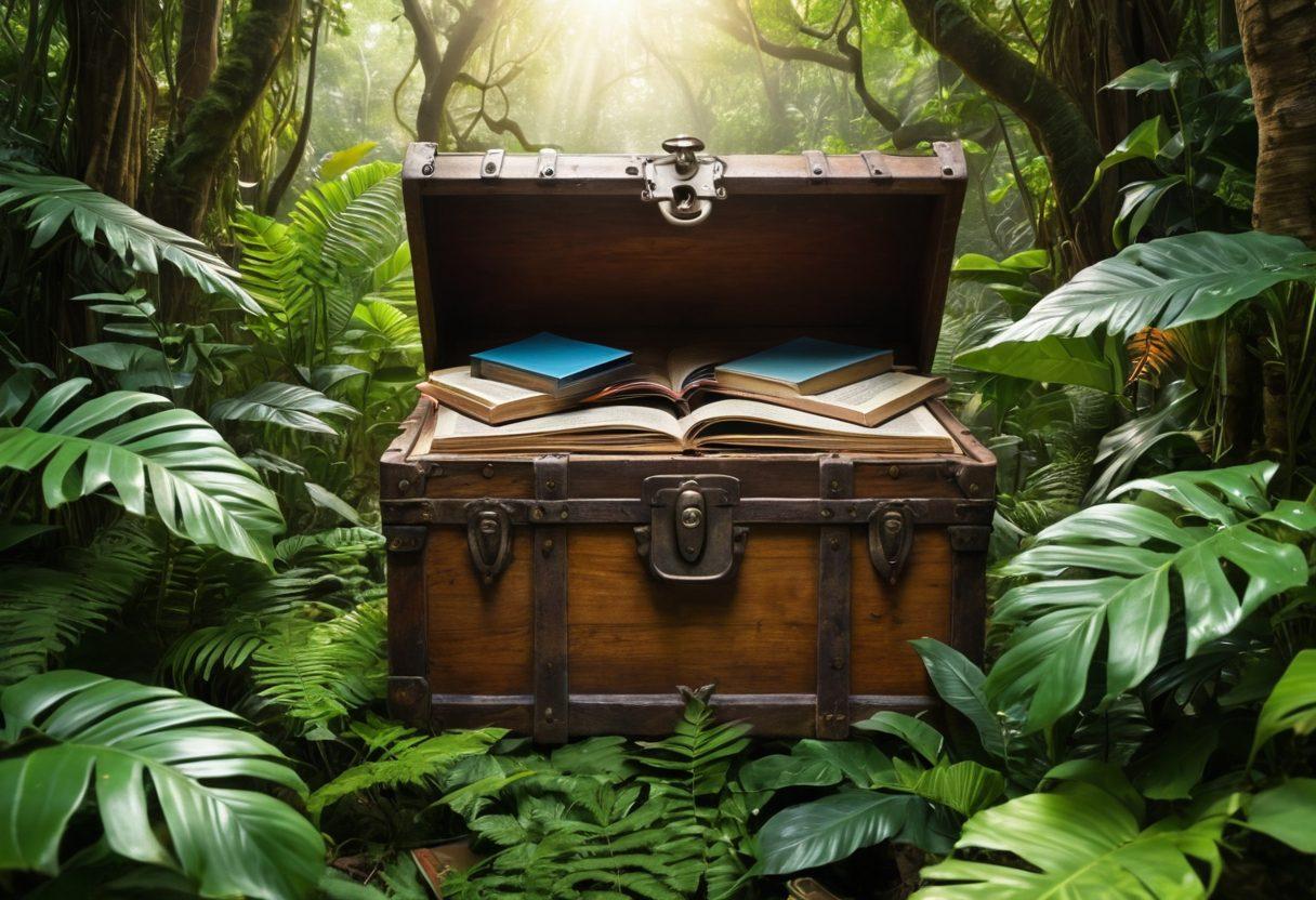 A captivating image of a treasure chest overflowing with colorful, well-worn textbooks, each representing a different subject, set against a lush green jungle background. Sunbeams filter through the trees, illuminating the chest to reflect the idea of hidden value within education. Various online platforms and digital devices subtly featured around the chest, symbolizing modern resale opportunities. super-realistic. vibrant colors. white background.