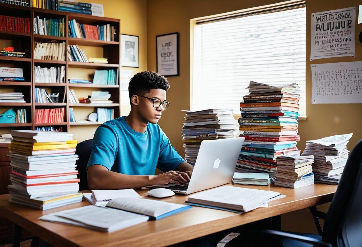 A vibrant illustration of a student sitting at a desk, surrounded by neatly stacked textbooks, a laptop open with online marketplace tabs, and dollar bills radiating outwards symbolizing profit. The background shows a cozy study environment with motivational quotes on the walls. Bright and engaging colors for a youthful vibe. super-realistic. vibrant colors. 3D.